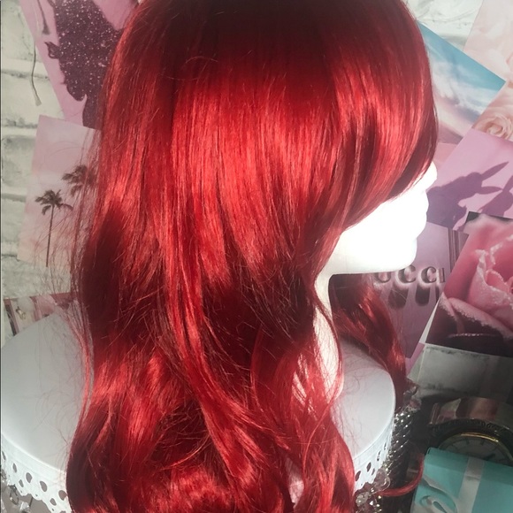 25” Dark Red Wine Long Heat Resistant Fiber Wig with Bangs - Picture 2 of 16